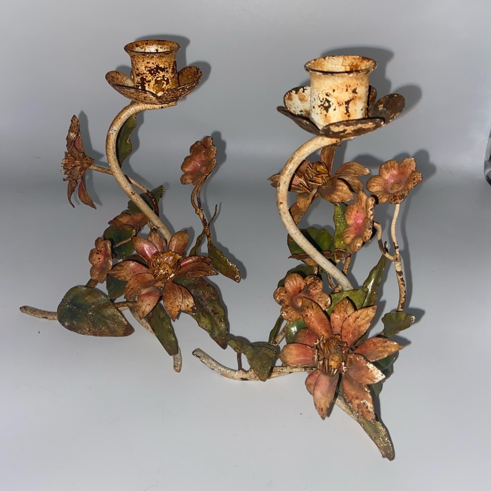 Vintage Tole Patina Floral Candle Holders - Picture 3 of 9